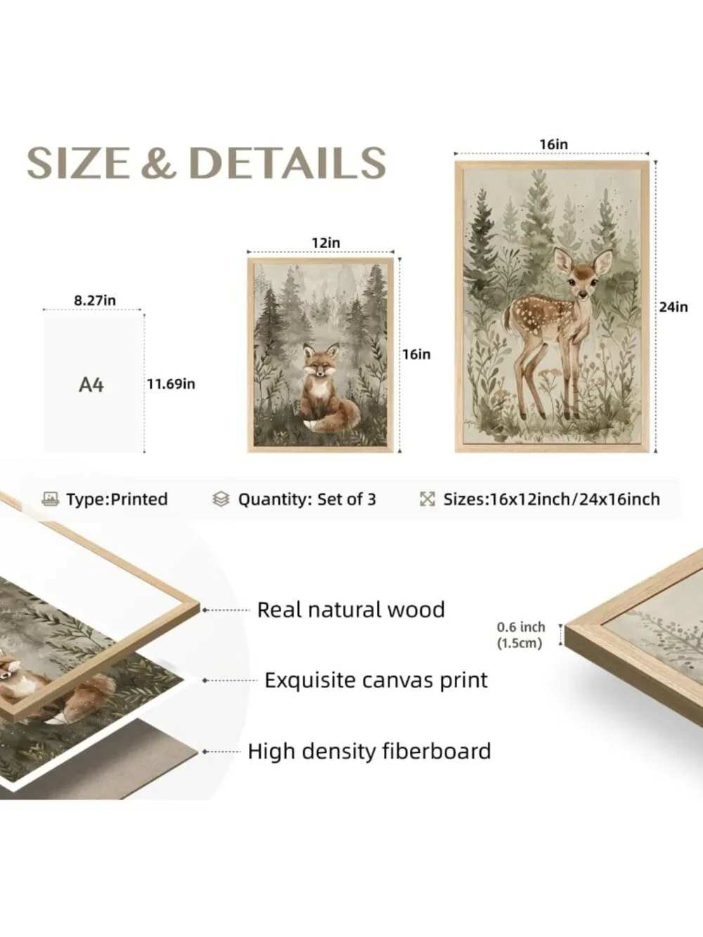 Woodland Animal Nursery Wall Art - Cute Fox, Bear & Deer Decor for Baby Room